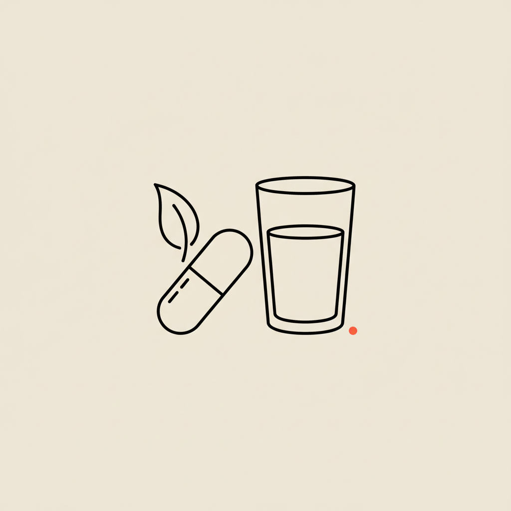 Minimal Tonum-style line illustration of a capsule, leaf, and water glass on beige background symbolizing leptin for weight loss.