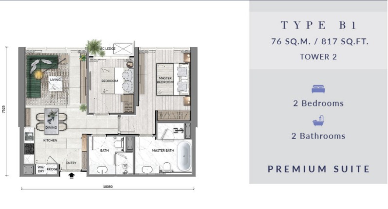 Core Residence @ TRX Type B1 floor plan — 1029 sq ft, 3 bedrooms