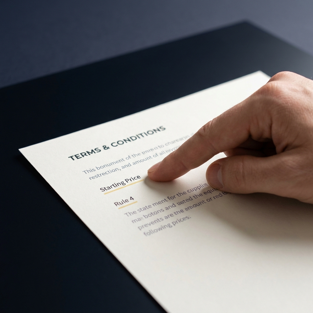 Close up of printed terms and conditions with a hand pointing to Starting Price and Rule 4 conveying best odds guaranteed on a clean dark Funded Plays background