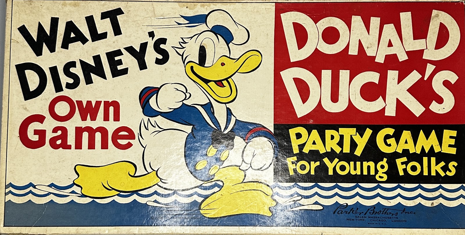 Walt Disney's Own Game: Donald Duck's Party Game for Young Folks by Parker Brothers, showing the transitional long-billed Donald Duck