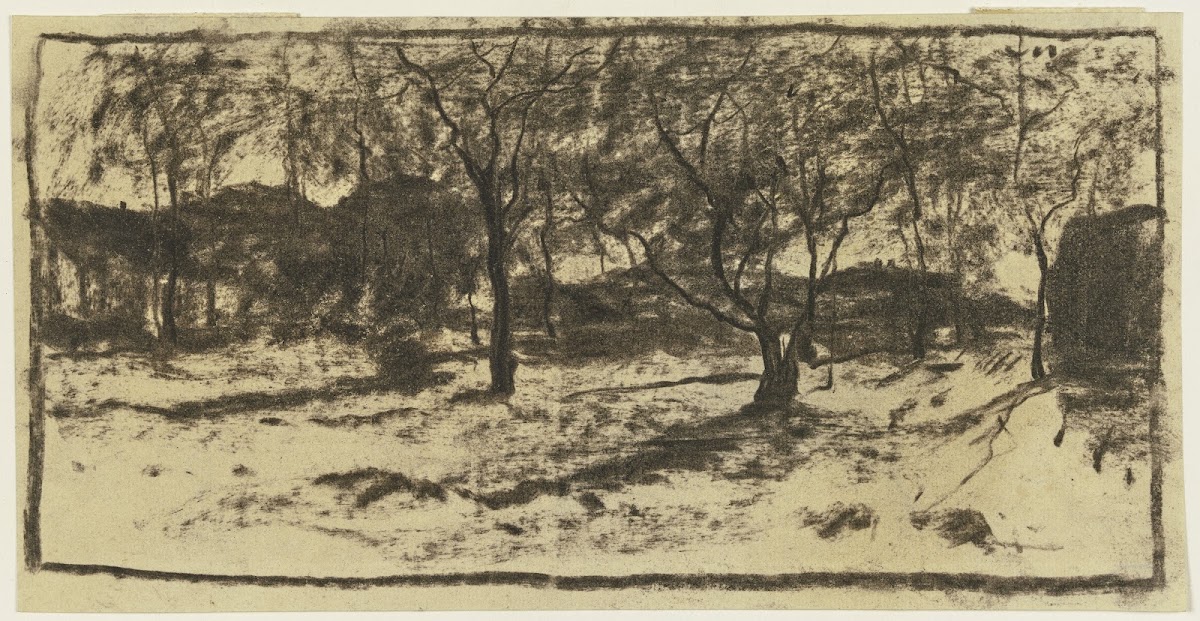 Obstbäume im Schnee im Hintergrund Häuser