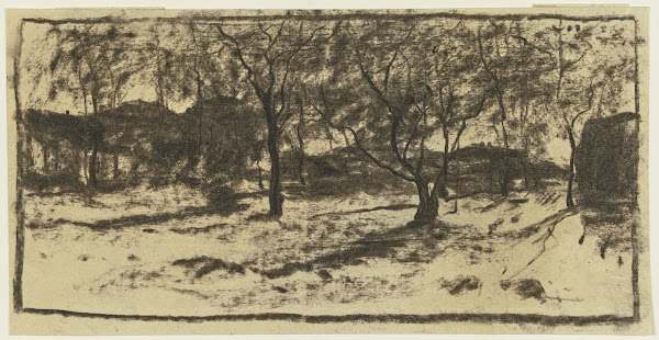 Obstbäume im Schnee im Hintergrund Häuser