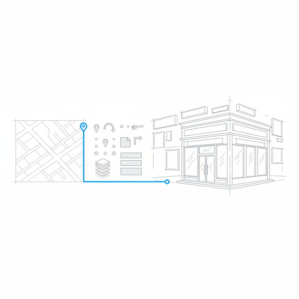 Minimalist vector sketch of a storefront and nearby street corner with subtle map lines and a blue highlighted route showing local reach &mdash; advertise my business on Nextdoor