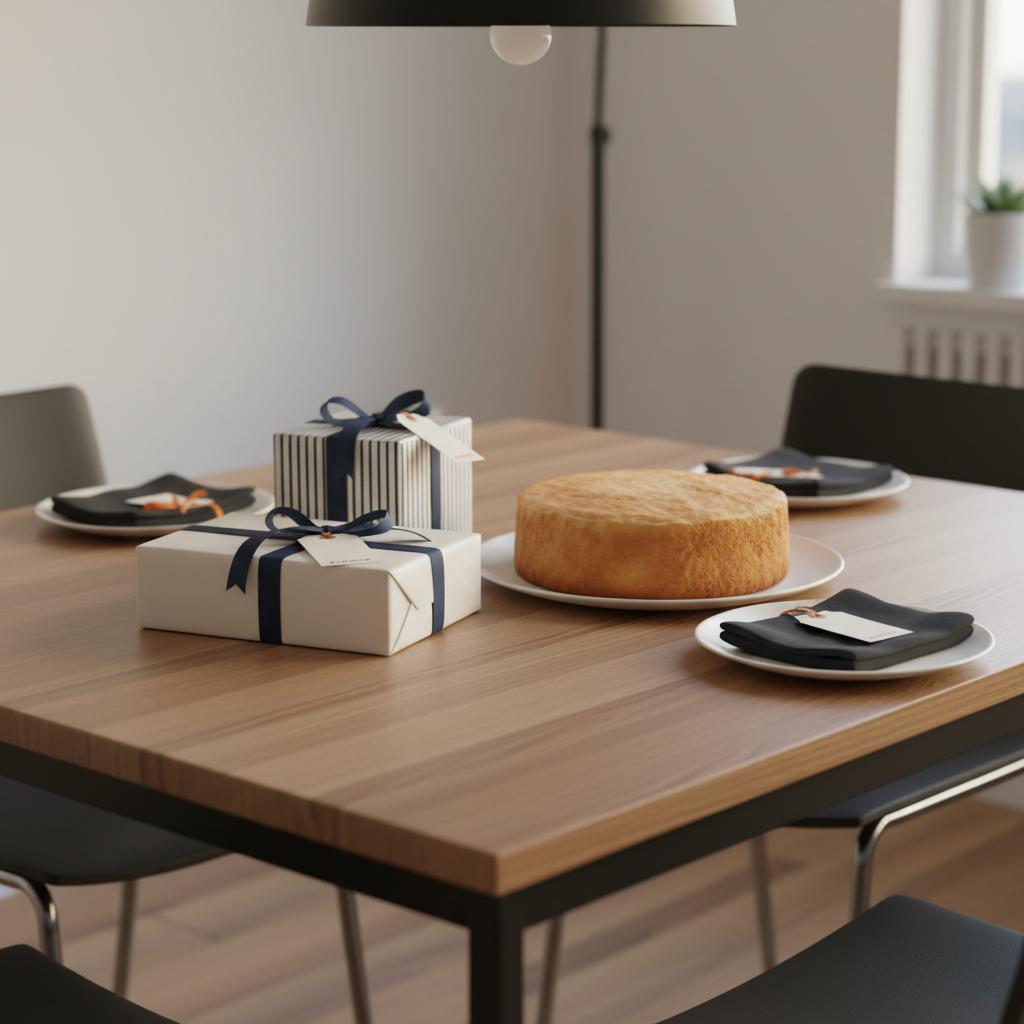 Nahaufnahme eines gedeckten Esstisches mit Geschenken und Vanilletorte, warme Holz- und Metalldetails – perfekte Szene für gutscheine verschenken im minimalistischen Stil