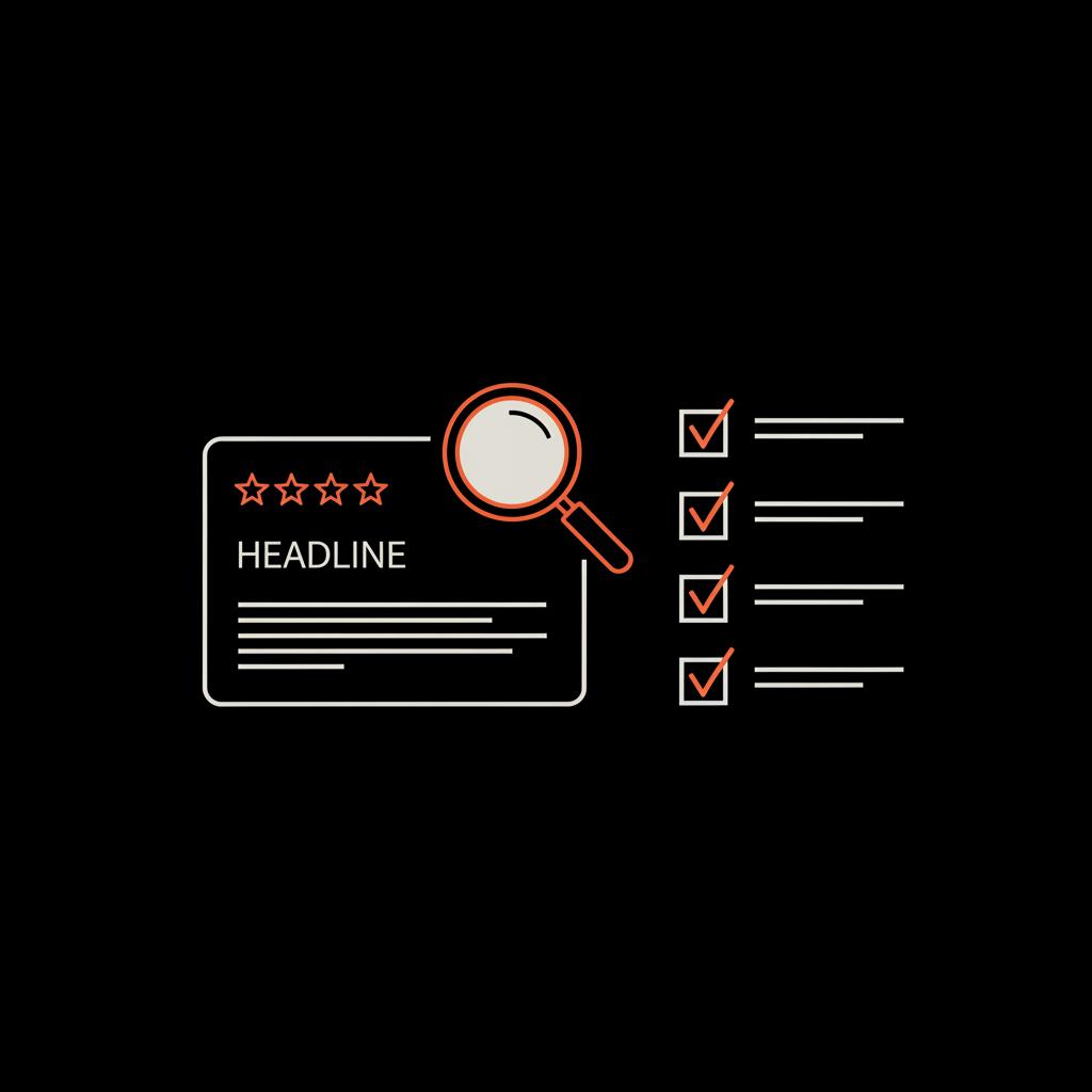 Minimal vector infographic on black background showing a simplified review card with magnifying glass and checklist, representing steps to delete Google review.