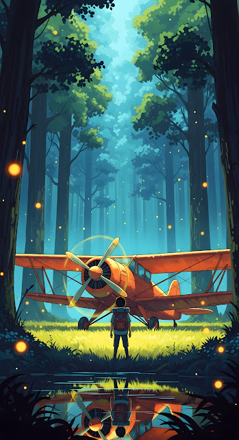 Adventure Awaits: Boy and Biplane in Glowing Forest - Free mobile Wallpaper