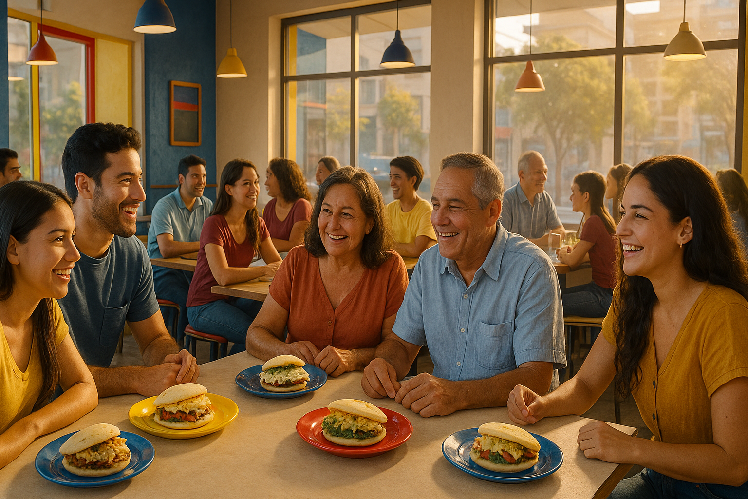 Venezolanos reunidos en una arepera moderna, compartiendo y conversando con alegría