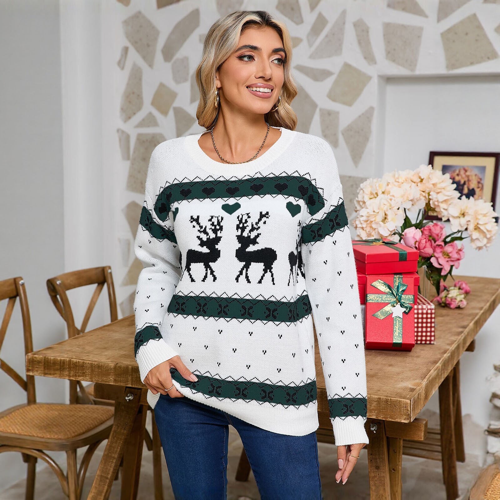 Women's Christmas Sweater with Reindeer Motif