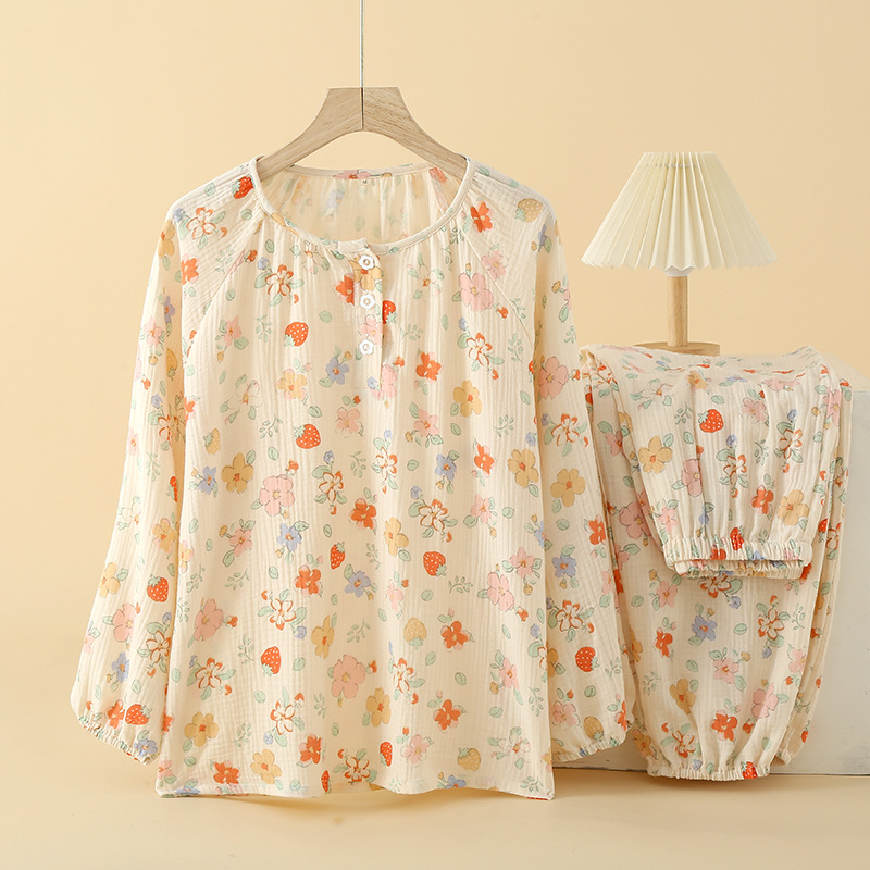 Damen-Pyjama-Set, 100% Baumwolle, langärmelig, süßes Design