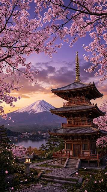 Traditional Japanese Pagoda and Mount Fuji with Cherry Blossoms - Free mobile Wallpaper