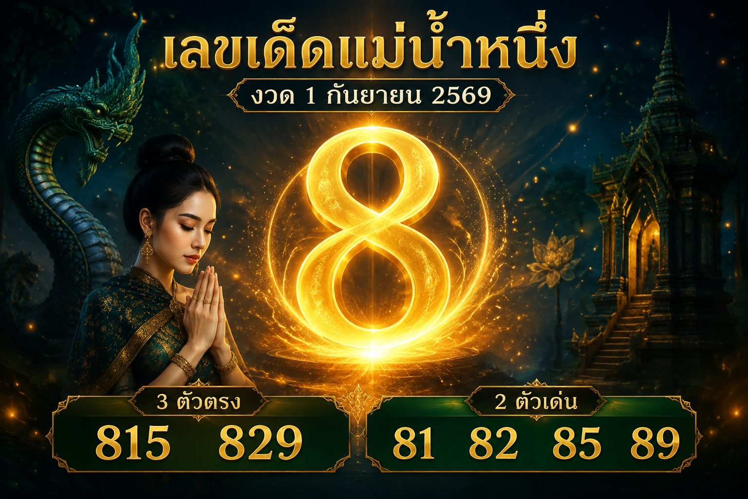 เลขเด็ดแม่น้ำหนึ่ง งวด 1 กันยายน 2569 เปิดแนวทางเลขเด่น 8 ฟันชุด 2 ตัว 3 ตัวตรง