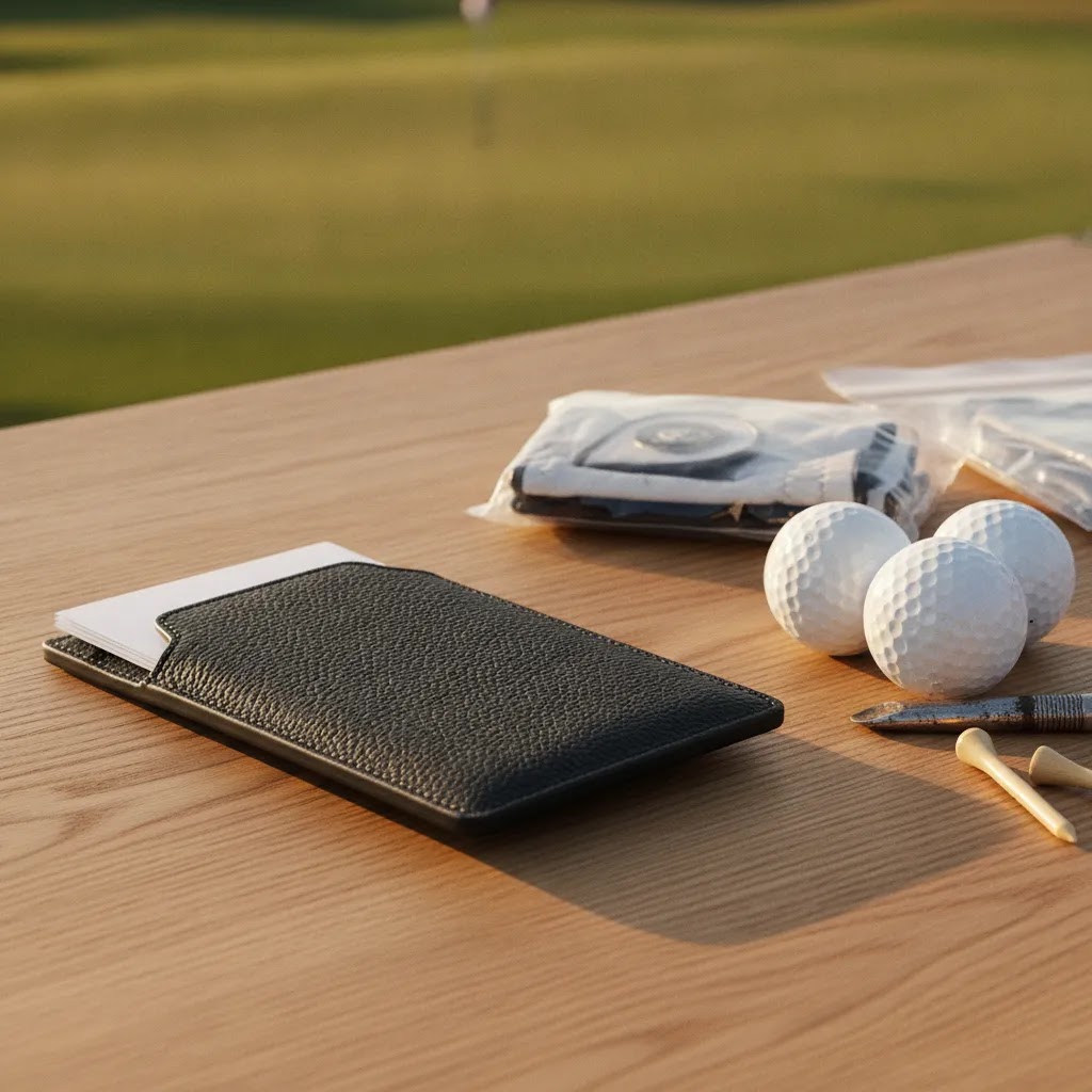 Cheap golf accessories quality scene with durable course essentials and a black leather scorecard holder