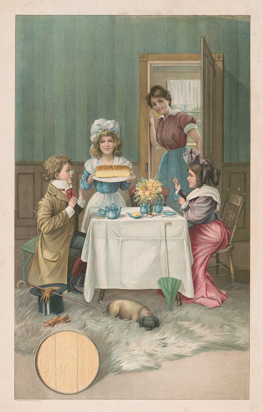 Interior scene with children having tea and being served bread 1905