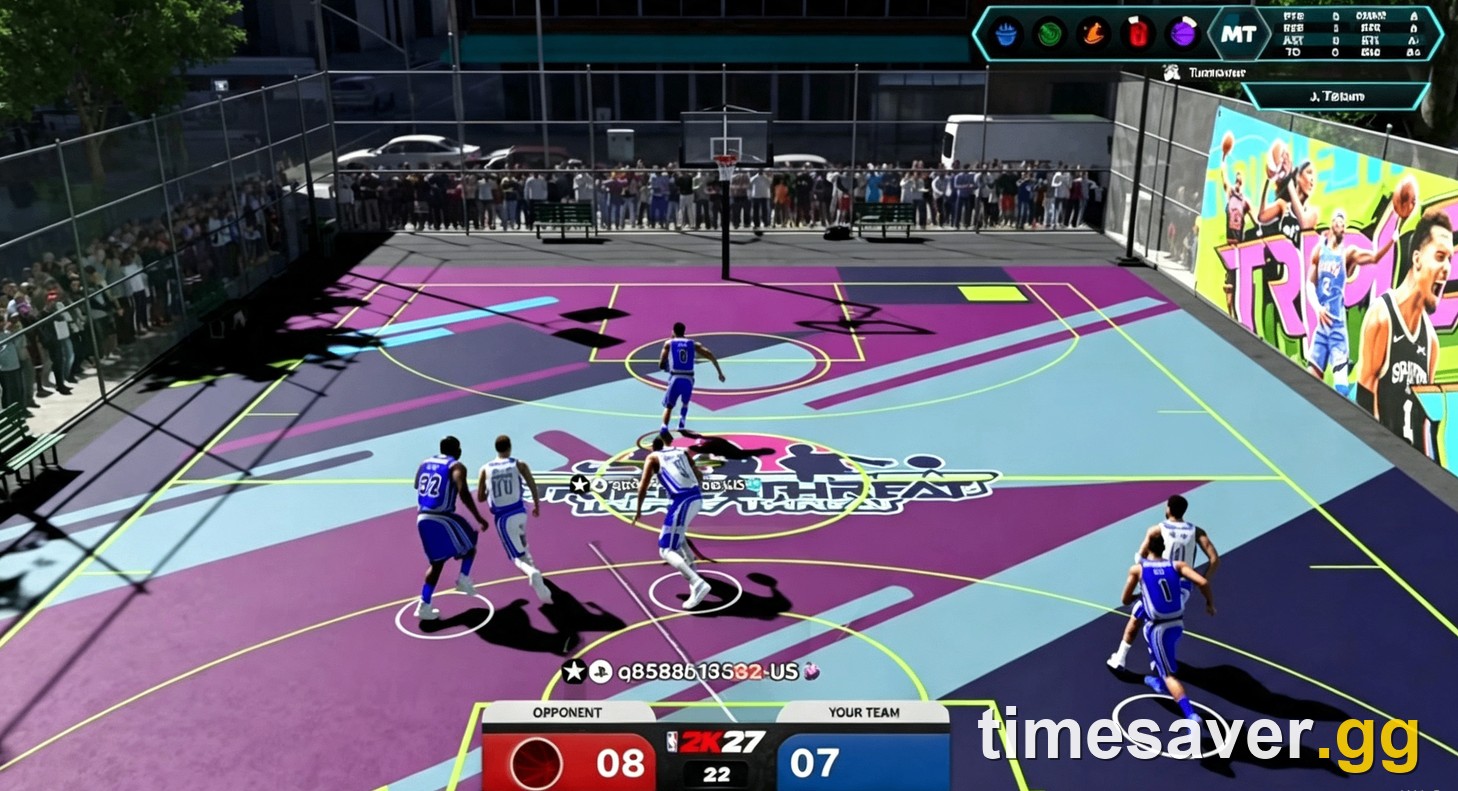 NBA 2K27 MyTEAM Triple Threat Park 3v3 gameplay with a live scoreboard, the quick-game grind for earning MTP