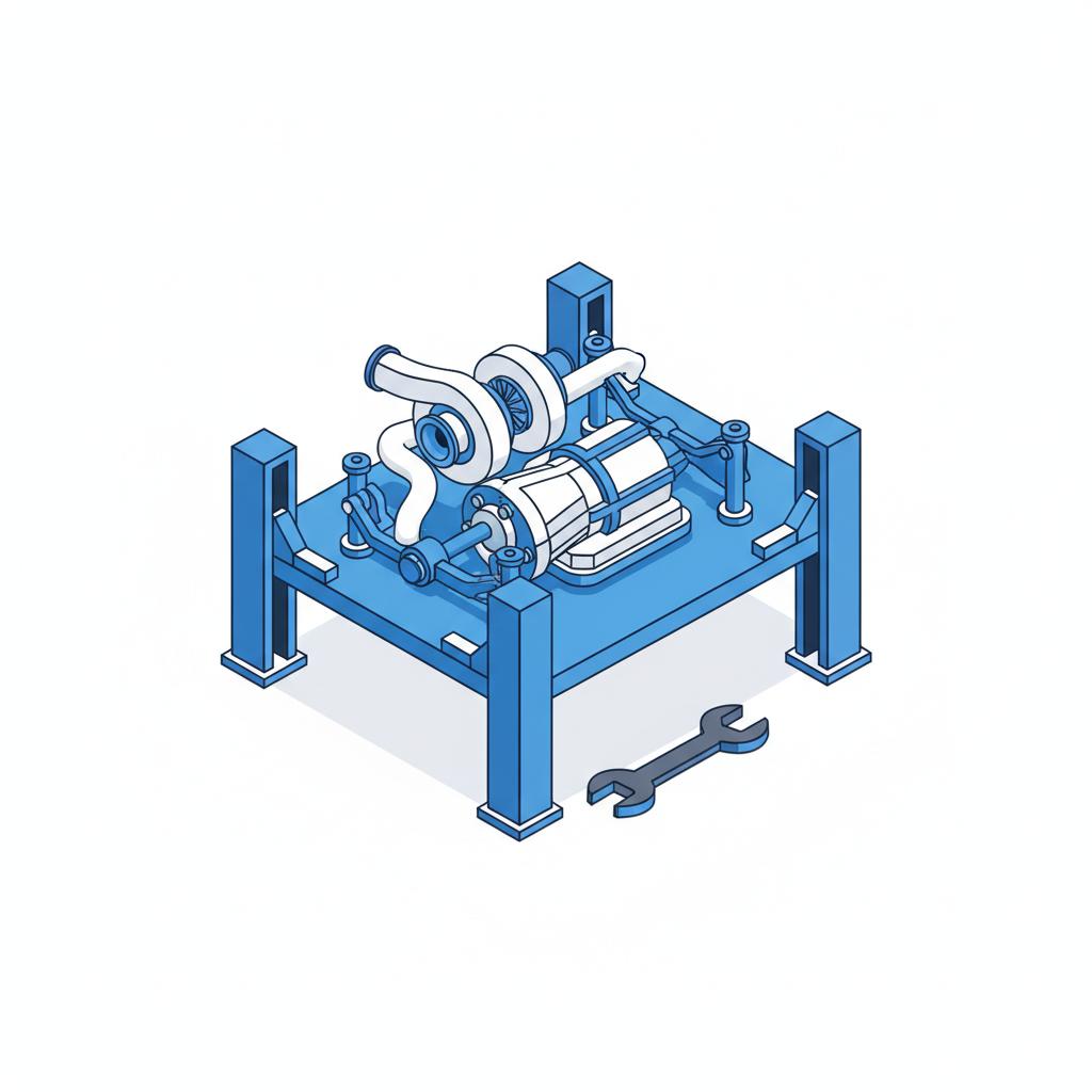 Minimalist 2D vector of a car lift underside showing turbocharger and transmission in CarFax Deals blue and dark ink on white background used honda accord for sale