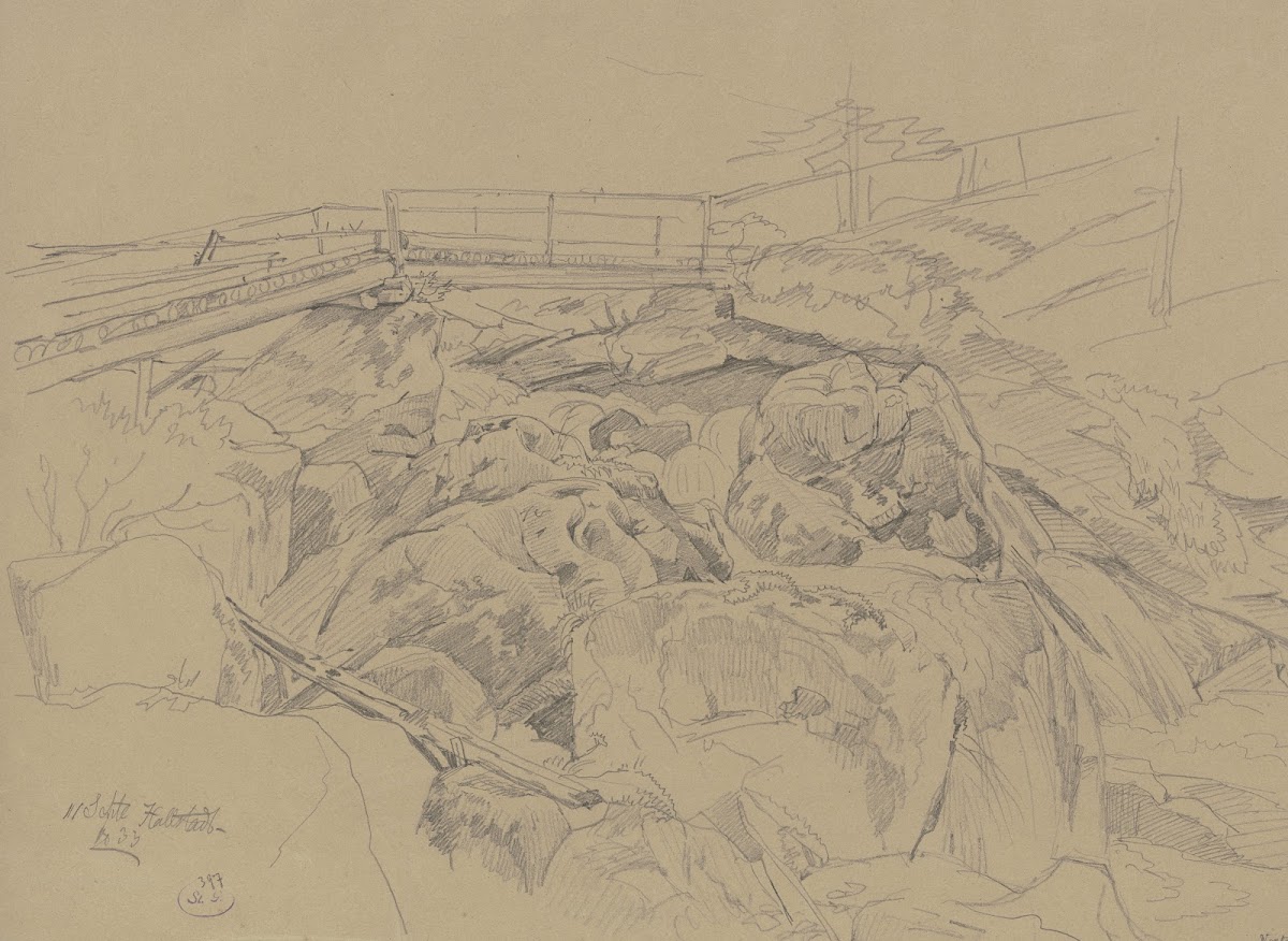 Holzbrücke über Felsengeröll bei Hallstadt 1833