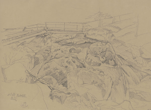Holzbrücke über Felsengeröll bei Hallstadt 1833