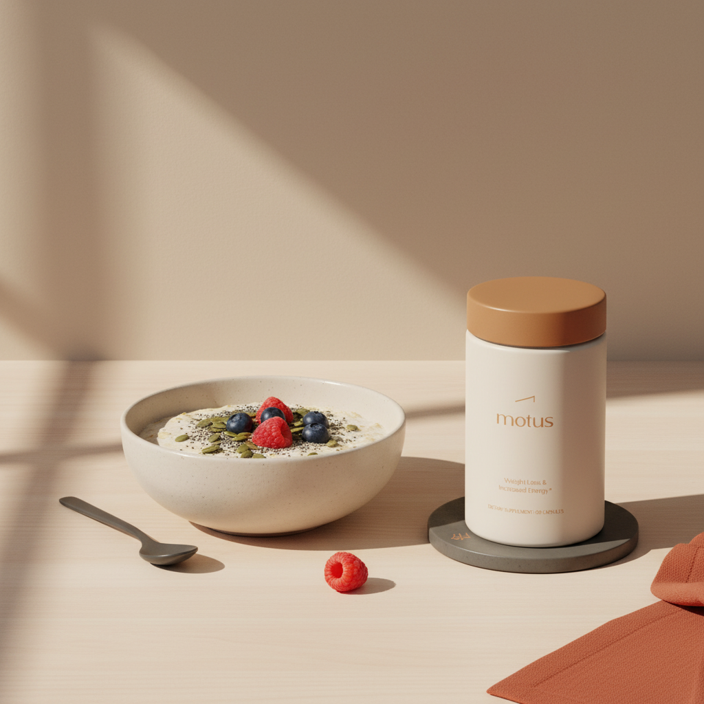 Morning kitchen counter with Tonum Motus supplement jar beside a bowl of oatmeal topped with berries and seeds in natural light — what time should I take magnesium glycinate for weight loss