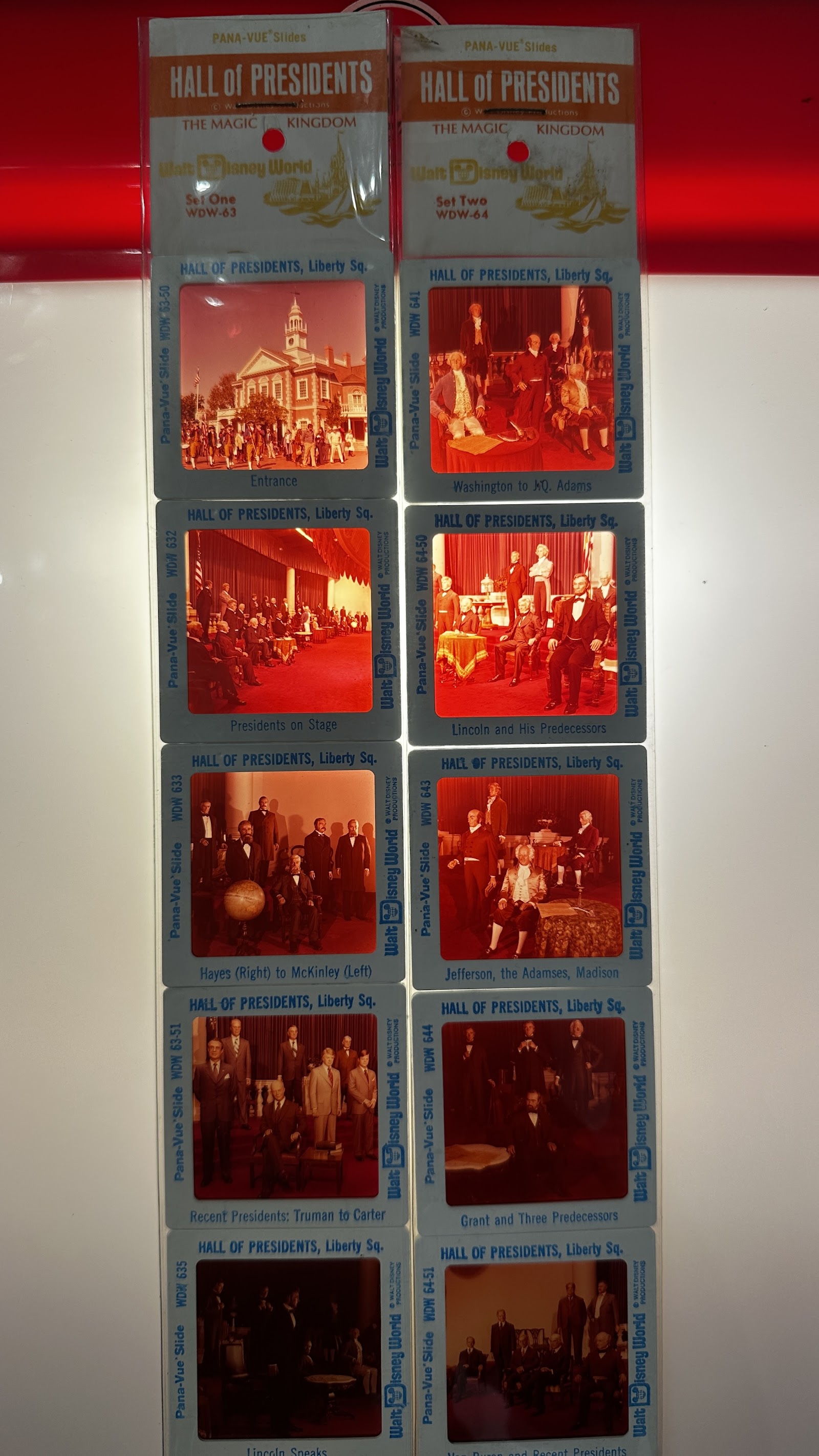 GAF Pana-Vue 35mm slide set WDW-63 featuring five Hall of Presidents slides from early Walt Disney World, including full stage view and Lincoln speaking