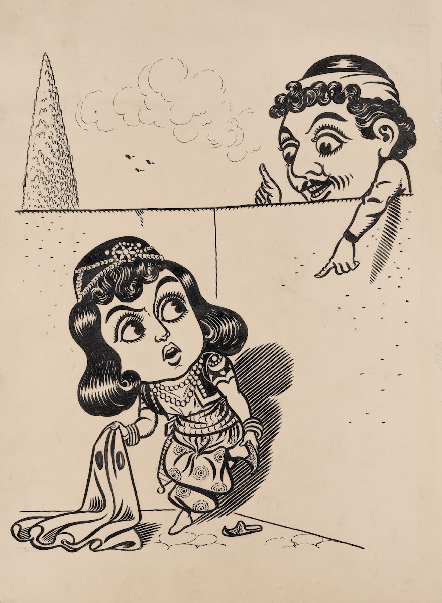 Twelve comic strip frames of Arabic woman running away with young man after argu