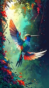 Colorful Hummingbird Hovering in Lush Tropical Forest Sunlight