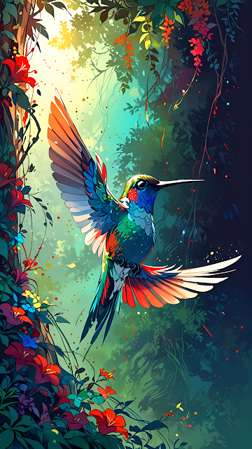 Colorful Hummingbird Hovering in Lush Tropical Forest Sunlight - Free mobile Wallpaper