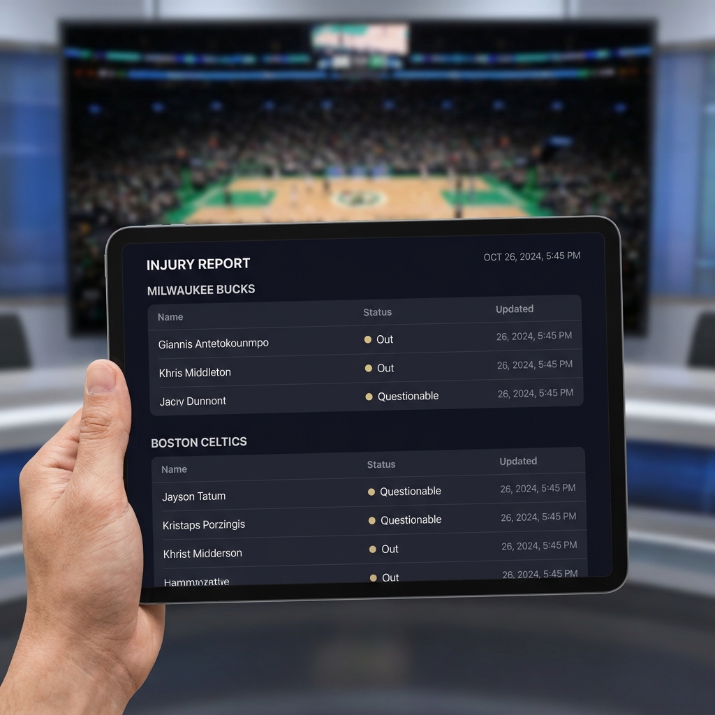 Close up of tablet showing official injury report with visible timestamp and blurred arena background for bucks celtics prediction