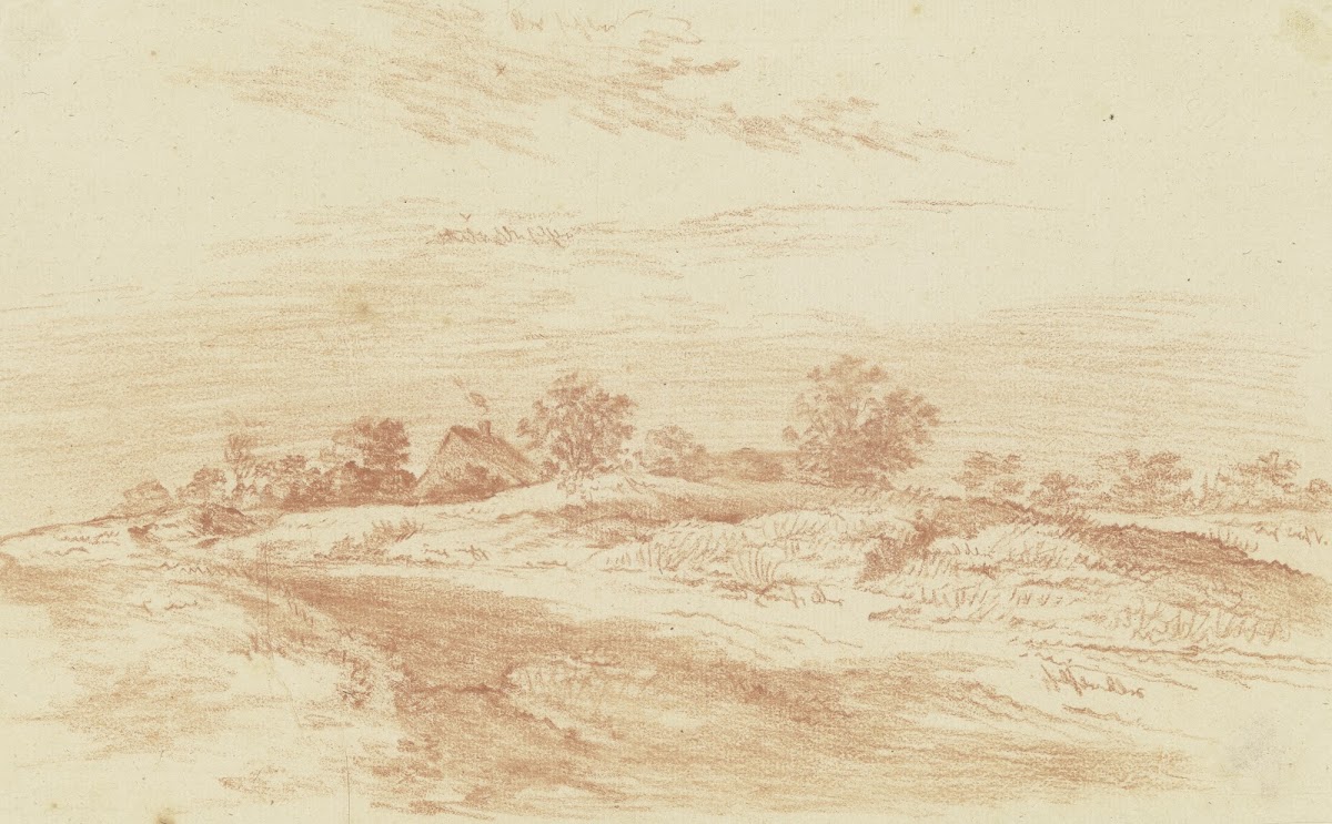 Heidelandschaft mit einem Gehöft und Buschwerk