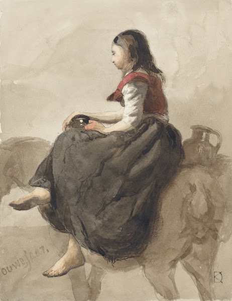 Zittende vrouw op een paard met twee kannen 1841   1857