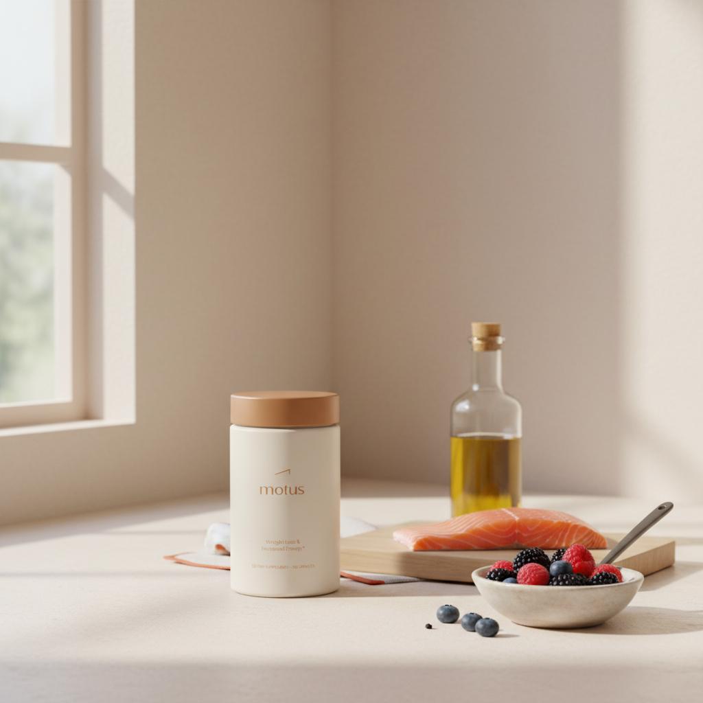 Minimalist kitchen counter with Tonum Motus supplement beside salmon, olive oil and mixed berries, representing a menopause weight loss diet and balanced nutrition.
