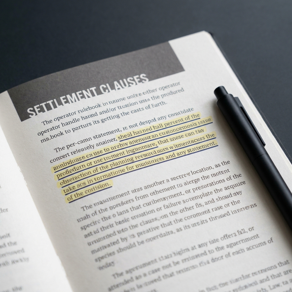 Close up of a printed operator rulebook page with highlighted settlement clauses and a pen on a minimalist dark Funded Plays style background for asian sportsbook