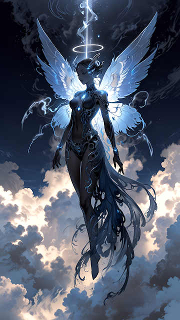 Celestial Angelic Valkyrie Ascending Above Storm Clouds - Free mobile Wallpaper