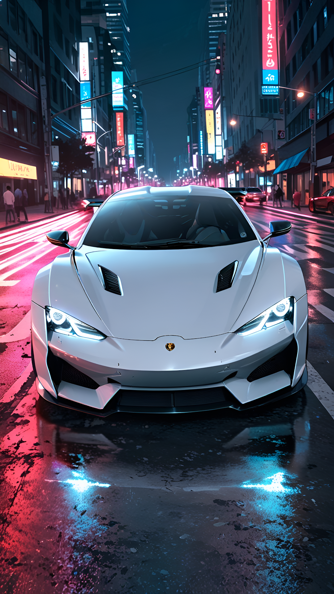 Futuristic Sports Car on Neon Wet City Street at Night - Free 4K mobile Wallpaper