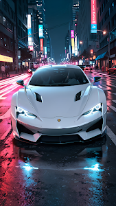 Futuristic Sports Car on Neon Wet City Street at Night