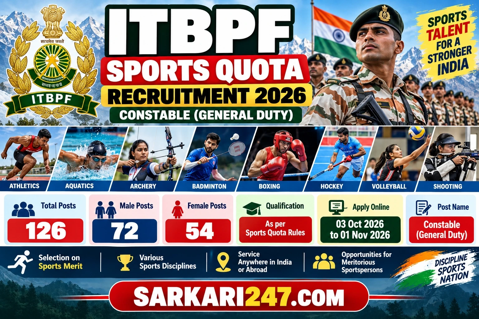 ITBP Constable GD Sports Quota Recruitment 2026 - Indo-Tibetan Border Police Force