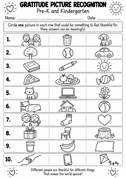 Gratitude Picture Recognition Worksheet