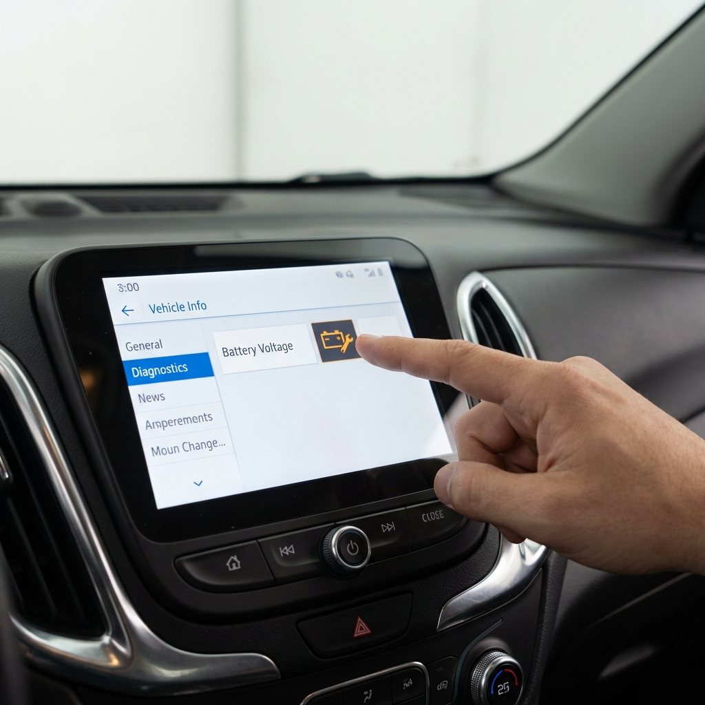 Close up of chevrolet equinox suv infotainment screen showing system menus and a hand pointing at a warning icon suggesting electrical checks