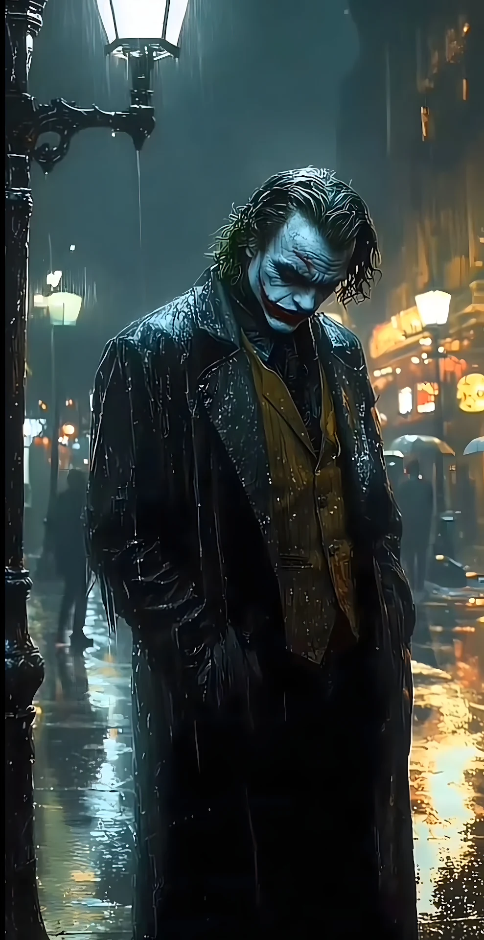 The Joker Standing Alone in the Rain on a Dark City Street - Free 4K mobile Wallpaper