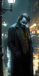 The Joker Standing Alone in the Rain on a Dark City Street