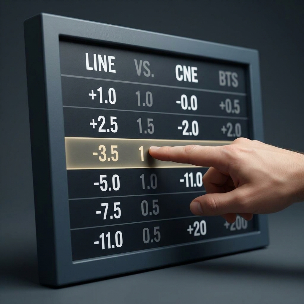Close up of a printed betting line board with a hand pointing at a minus three point five spread on the nfl game tonight shallow depth of field dark minimalist background matching Funded Plays brand