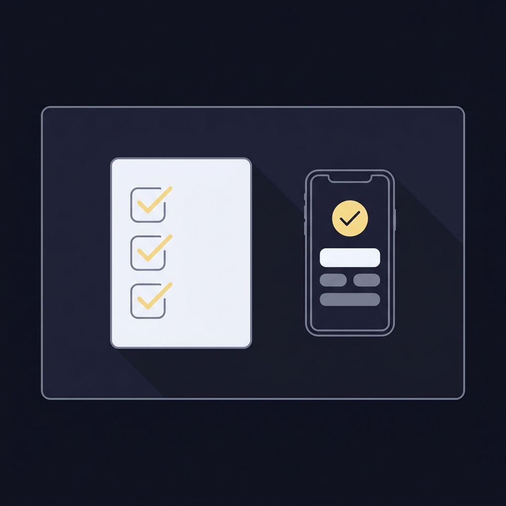 Minimal flat lay vector of a checklist on a desk next to a smartphone showing a withdrawal confirmation UI with a check icon in accent color f5e79d in Funded Plays style betmania sportsbook