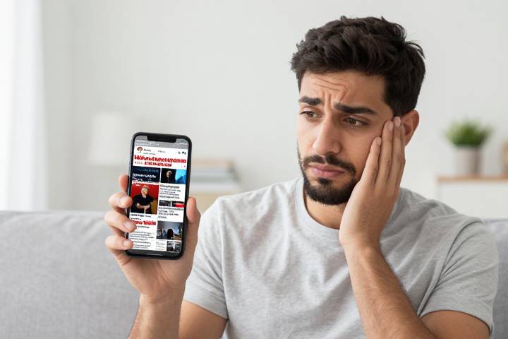 شخص عربي ينظر في هاتف ذكي في حيرة، بينما تظهر معلومات متضاربة على الشاشة حول السرطان.