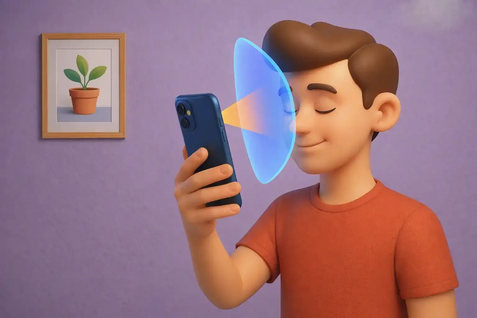 Un joven se relaja porque sale un escudo protector para su vista, de la pantalla del teléfono.