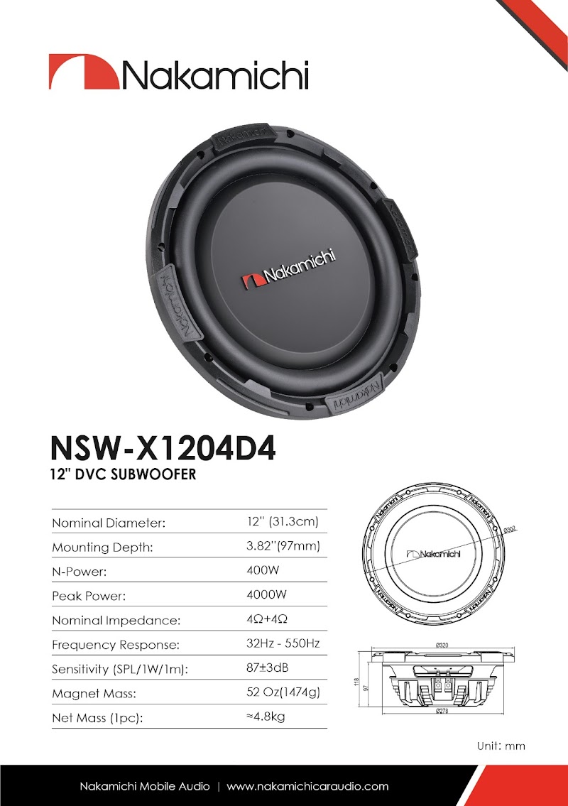 NAKAMICHI NSW_X1204D4 12" SUBWOOFER