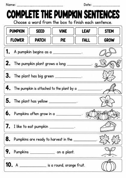 Pumpkin Sentence Completion Worksheet