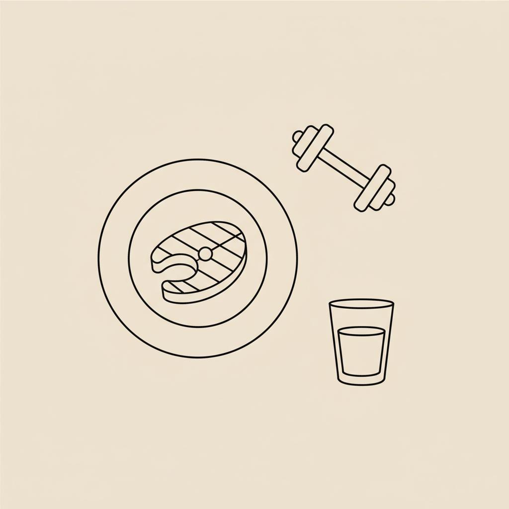 Minimal Tonum-style line illustration of a plate with a protein portion, a small dumbbell, and a water glass on beige background suggesting ways to increase my metabolism.