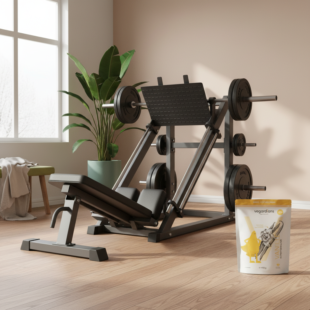 Welches Gerät trainiert die Beine: Detailaufnahme einer stabilen Beinpresse und Langhantel‑Kombination auf hellem Holzfußboden in minimalistischem Homegym, klares Winterlicht.