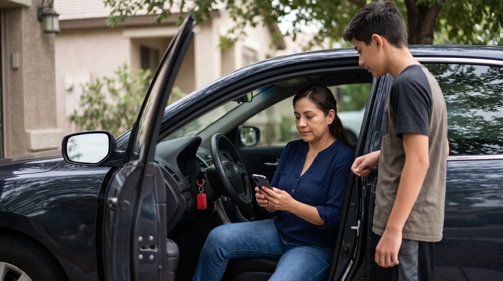 Texas highway debris blowout car insurance coverage review by a mother in her parked car at home