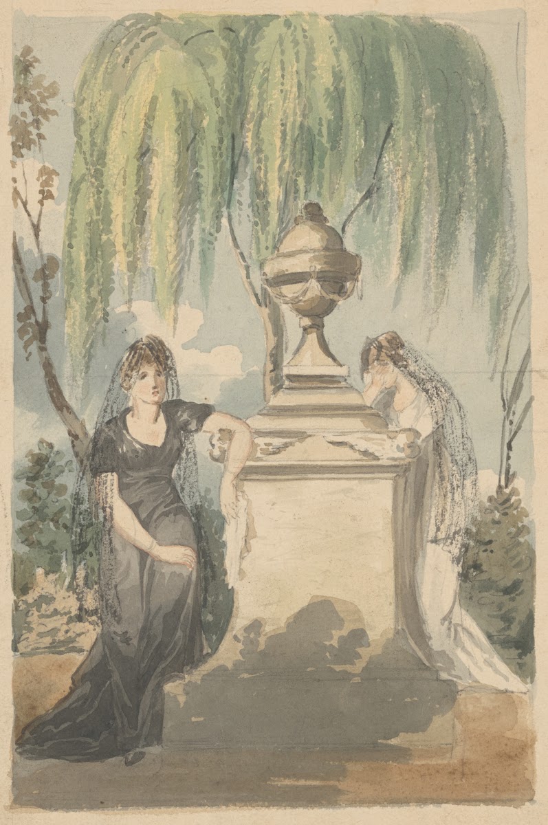 Preliminary design for mourning scene two veiled women grieving over funerary mo