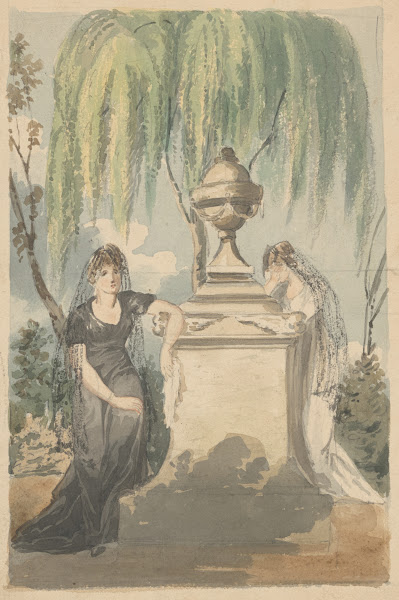 Preliminary design for mourning scene two veiled women grieving over funerary mo